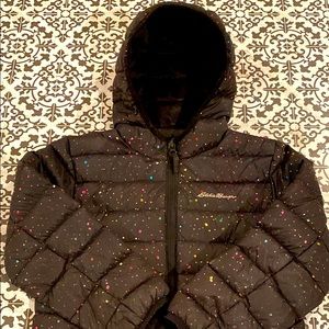 Eddie Bauer Girls Down Filled Puffer Size XS 5/6 Black with multi sparkle